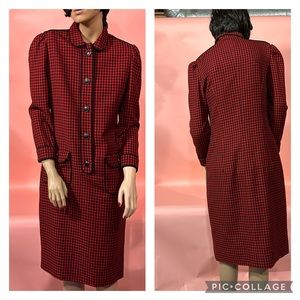 Adele Simpson Dress 1980s Red Black Checkered Long Sleeve Wool Dress